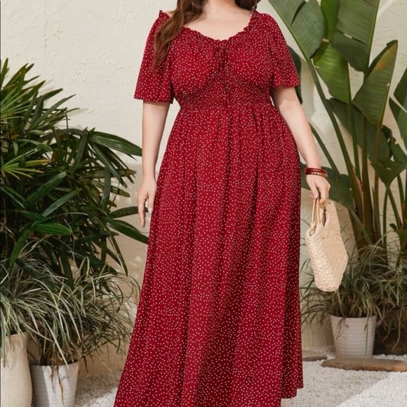 Plus Size Polk Dots Shirred Waist Tie Front Maxi Dress - Picture 6 of 6